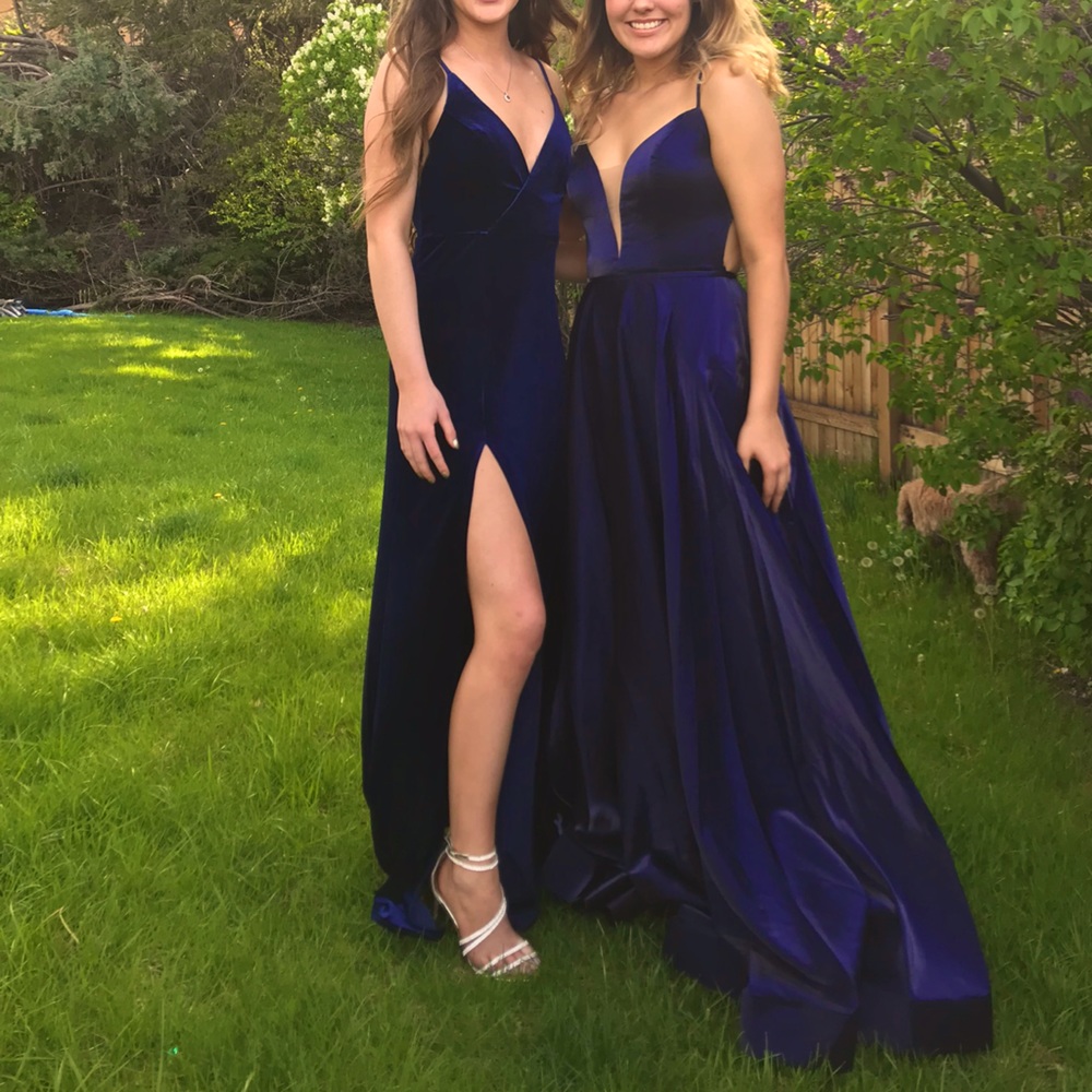 Velvet navy blue floor length dress with slit